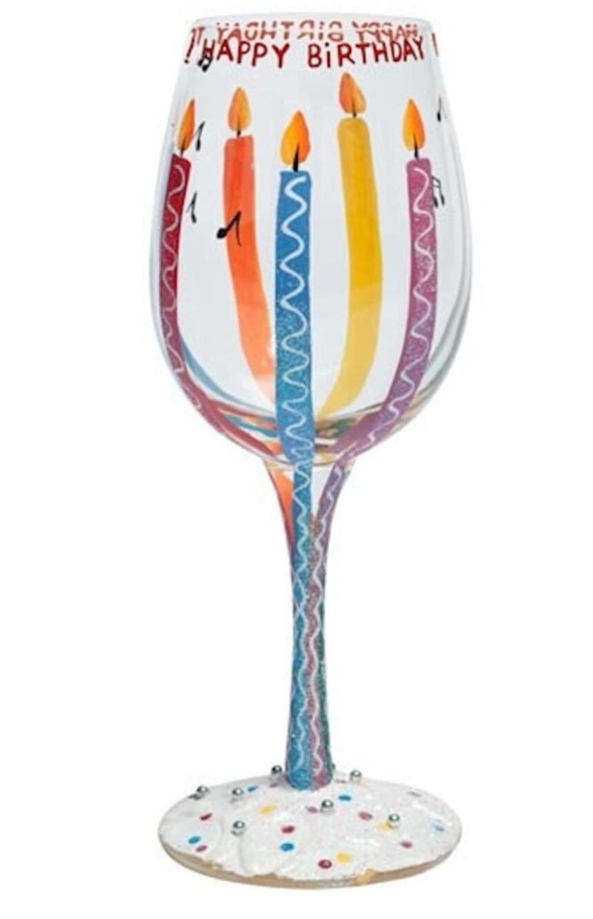 Lolita Love My Wine HAPPY BIRTHDAY 15 oz Hand Painted Artisan Wine Glass